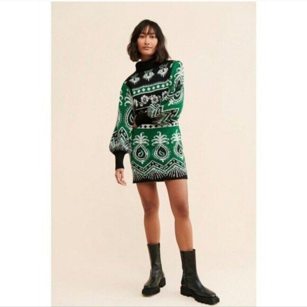 NEW Farm Rio Mystic Scarf Sweater Dress Green‎ / Black Print size S